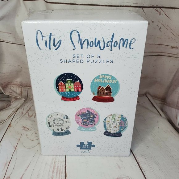 City Snowdome Set Of 5 Shaped Puzzles 200 Pieces Each Small Town Christmas - Picture 1 of 9